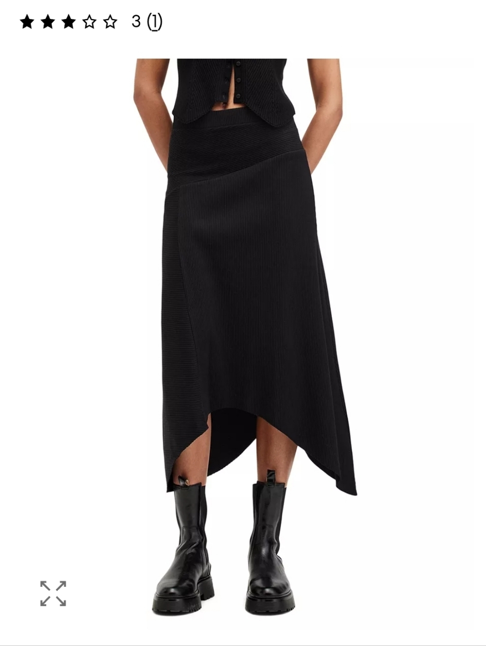 All Saints Gia Ribbed Asymmetric Midi Skirt 8  Grunge Quiet Luxury Whimsygoth